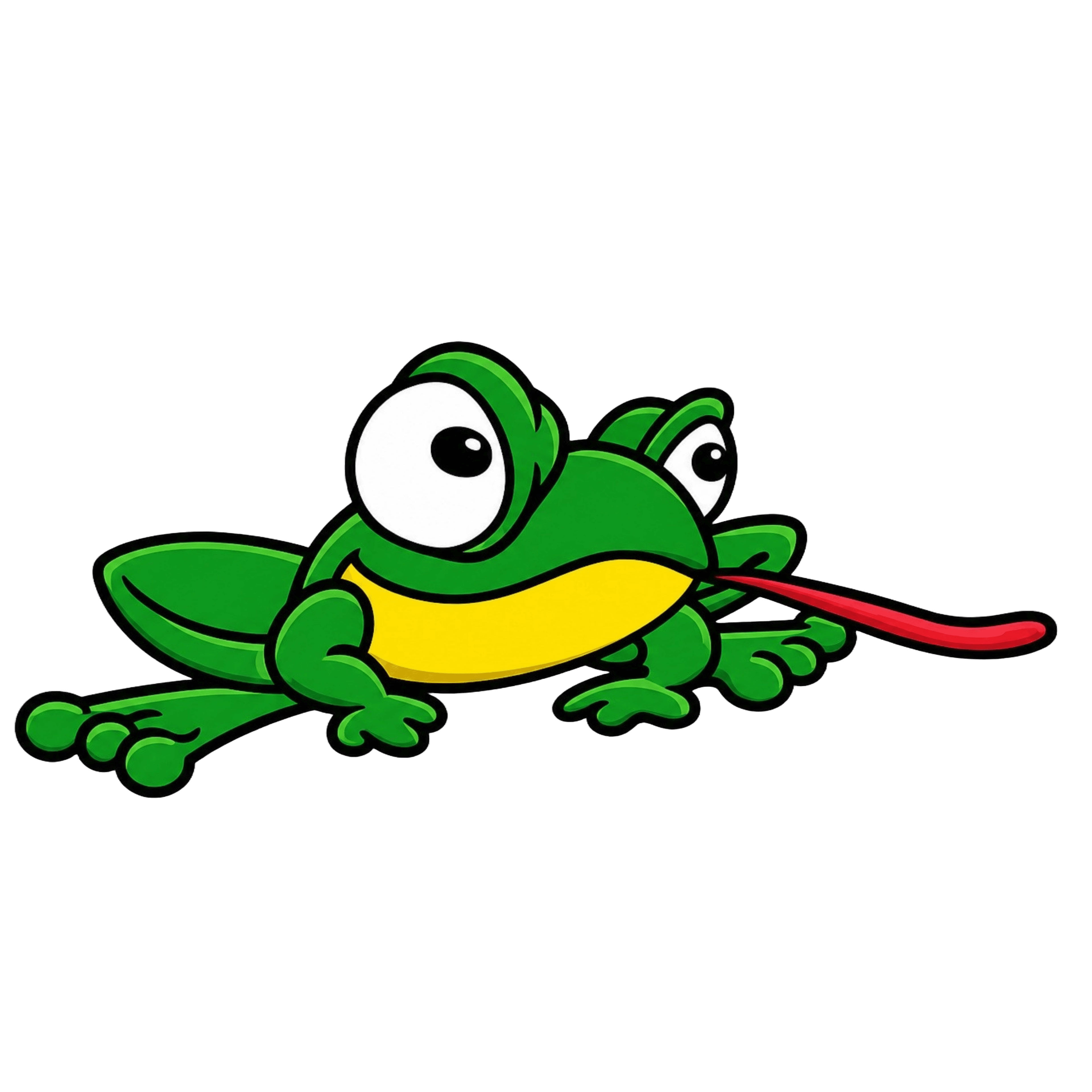 A green cartoon frog with large eyes and a long red tongue sticking out.